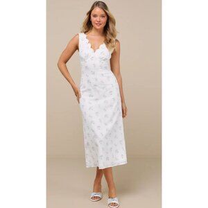 Lulus Natassa White Floral Swiss Dot Midi Dress Women's Size Medium NWT!